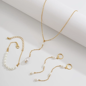 Parure de bijoux en perles dorées avec collier en Y, bracelet et boucles d'oreilles