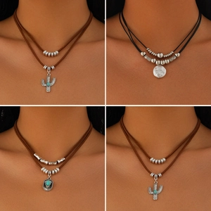 Vintage Boheemse Gelaagde Halsketting Vrouwen Legering Cactus Hart Ster Hanger Imitatie Turkoois Kunstparel Leren Koord Choker Sieraden