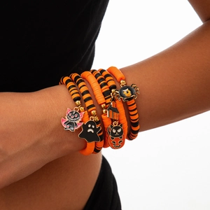 Halloween Mehrlagiges Tonperlen-Armband Set mit Geist und Kürbis Anhängern