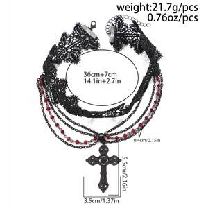 Detail view of gothic lace choker with measurements, beads, and cross pendant size