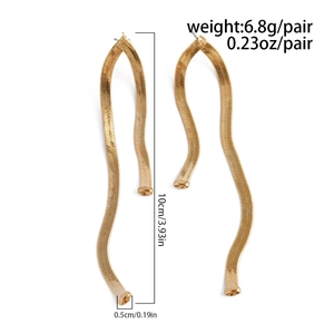 Detail of 10cm gold snake chain drop earrings featuring flat flexible metal links