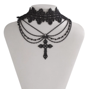 Gothic black lace choker with multi-layer metal chains and a vintage cross pendant