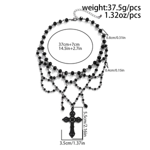 Detailed view of Gothic multi-layer black bead choker with ornate cross pendant and size info