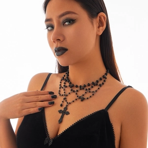 Gothic multilayer beaded choker with black cross pendant on model for party