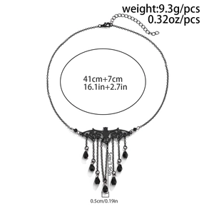 Gothic bat pendant necklace with black fringe chain tassels and dimension callouts