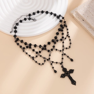 Punk multilayer black beaded choker with cross pendant and gothic tassel detail