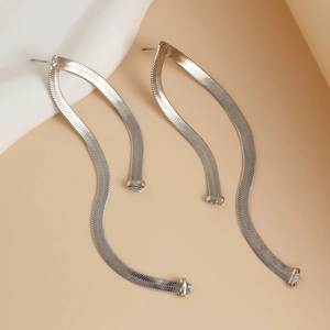Elegant silver snake chain tassel earrings with wavy S-curve design for party wear
