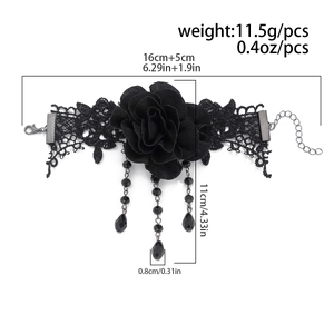 Detail view of black lace choker with rose and tassel pendant including size measurements