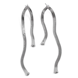 Elegant long silver snake chain tassel earrings for women featuring a wavy U-shaped design