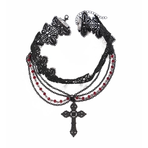 Macro detail of gothic lace choker with red beads and ornate black cross pendant