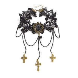 Gargantilla gótica de encaje negro con cruz de bronce y cristal para Halloween