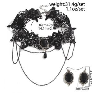 Gothic black lace choker necklace set with dark gemstones and water drop tassel pendants