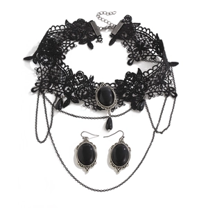 Gothic moon necklace set with black lace choker and matching drop earrings for women