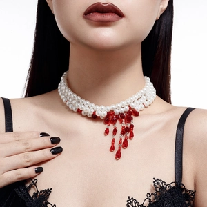 Gothic Artificial Pearl Rhinestone Multi-Layer Necklace Red Blood Drip Tassel Choker Halloween Party Jewelry Accessories For Women