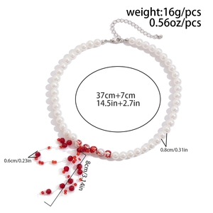 Detailed specs of gothic pearl choker with red blood drop tassels and dimensions