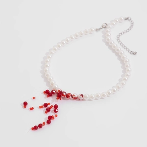 Gothic choker with faux pearls and red crystal blood drip tassels for Halloween style