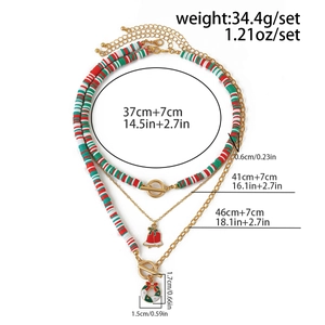 Driedelige kerstketting set met kleikralen, belletje en kerstkrans hanger details