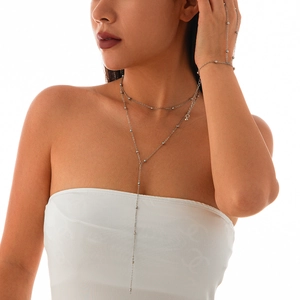 Geometric Copper Rhinestone Necklace With Cross Star Charms Multi-layer Y-shaped Tassel Clavicle Chain Necklace And Bracelet