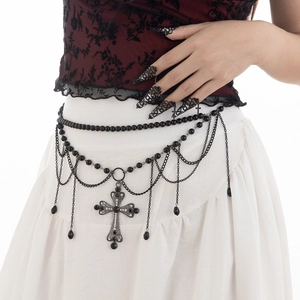 Gothic Mehrlagige Kreuz Taillenkette Körperkette Punk Stil Schwarz Rot Perlen Metall Quaste Strass Schmuck Für Damen