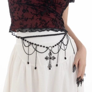 Gothic-Taillenkette mit mehreren Lagen, schwarzen Perlen und großem Kreuz-Anhänger