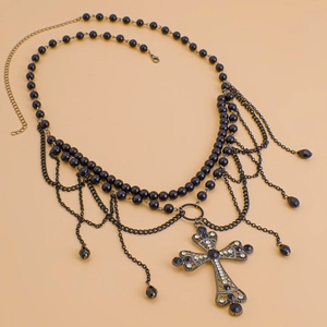 Gothic-Körperkette mit schwarzen Perlen, Quasten und einem großen Strass-Kreuzanhänger