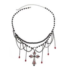 Gothic-Taillenkette mit Metallkreuz, schwarzen Perlen und roten Tropfenanhängern