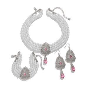 Conjunto de joyas de perlas con pedrería rosa cuadrada, collar y pendientes