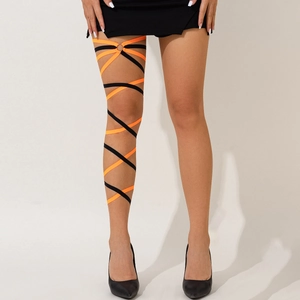 Detail of orange and black elastic leg chain with silver metal ring on model leg