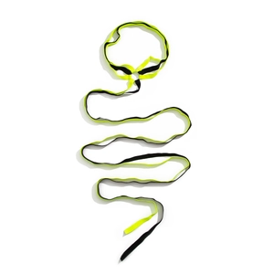 Detail view of neon yellow and black elastic leg chain strap with silver metal ring connector