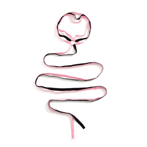 Detailed view of pink and black elastic leg chain with a metal ring connector