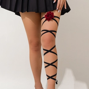 Sexy black lace leg chain with a large red rose, elastic ribbon harness for women