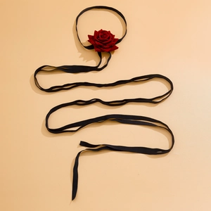Long black velvet ribbon choker necklace featuring a 3D dark red fabric rose floral design