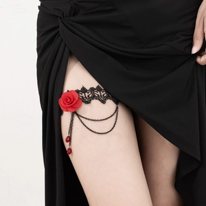 Chaîne de cuisse en dentelle noire gothique avec rose rouge et pendentifs métalliques