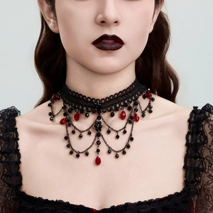 Gothic black lace choker necklace with red crystal beads and cross tassel fringe style