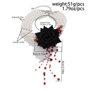 Detail of multi-layer pearl necklace with black rose, tassels and measurement specs
