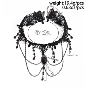 Detail shot of gothic lace choker showing size dimensions and black teardrop tassels