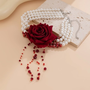 Multilayer pearl necklace with a vintage red rose flower and blood drip fringe tassels