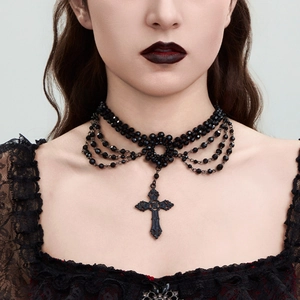 Gothic black multi-layer beaded choker featuring a vintage cross pendant and tassels