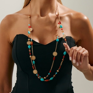 Bohemian multilayer long necklace with turquoise beads and metallic flower disk pendant