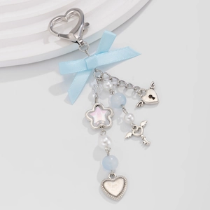 Sweet Light Blue Satin Ribbon Bow Keychain Alloy Heart Star Wings Key Charms Imitation Artificial Pearl Bag Pendant For Women