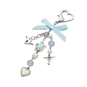 Sweet light blue ribbon bow keychain with imitation pearls and silver heart pendants
