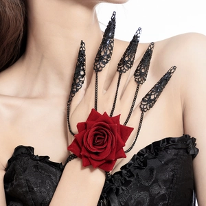 Gothic rose hand chain with black metal claw nail rings and red floral design