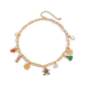 Collana natalizia dorata con ciondoli colorati a forma di campana, albero e fiocco di neve