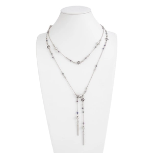 Detail of silver long necklace with Y-shaped tassel, rose charms and colorful beads