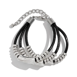 Detailed view of multilayer black cord bracelet with silver beads and lobster clasp