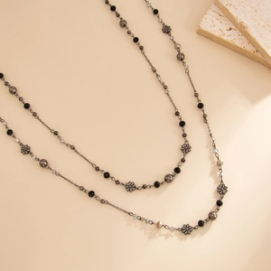 Bohemian multi-layer floral chain necklace with black crystal beads and retro metal charms
