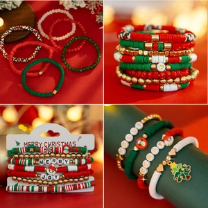 Ensemble de Bracelets de Noël en Perles pour Hommes Femmes Multicolore Heishi Pâte Polymère Lettre Père Noël Sapin Bijoux