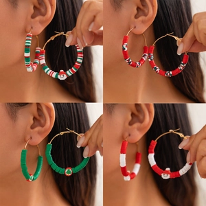 Christmas Polymer Clay Hoop Earrings Alloy Santa Claus Tree Pattern Geometric Festive Heishi Bead Ear Jewelry For Women
