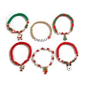 6-piece Christmas 2025 beaded bracelet set with Santa Claus and reindeer charms