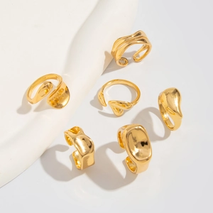 6-piece gold-tone irregular geometric alloy ring set with smooth and wavy minimalist textures